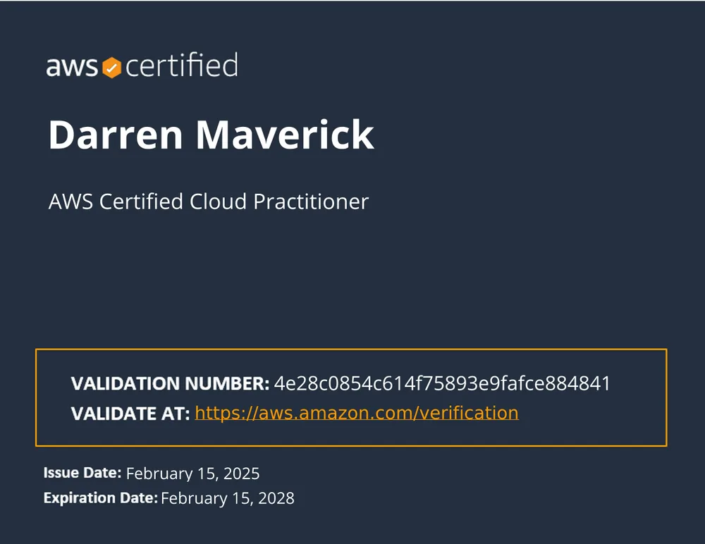 AWS Certified Cloud Practitioner certificate awarded to Darren Maverick, issued 15 February 2025.