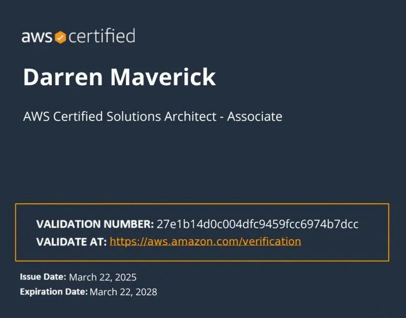 AWS Certified Solutions Architect – Associate certificate awarded to Darren Maverick, issued 22 March 2025.