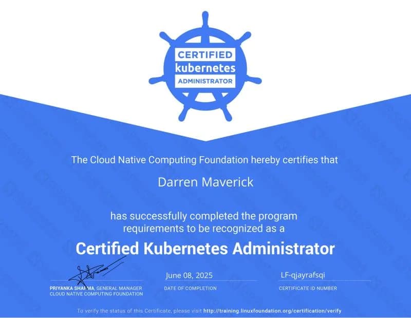 CKA certificate from the Cloud Native Computing Foundation, awarded to Darren Maverick on 8 June 2025, certificate ID LF-qjayrafsqi.