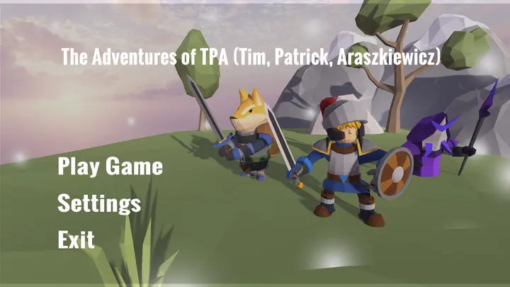 The Adventures of TPA title screen: three low-poly characters on a green hill — a dog knight, a human knight with sword and shield, and a purple wizard — with Play Game, Settings and Exit listed beside them.