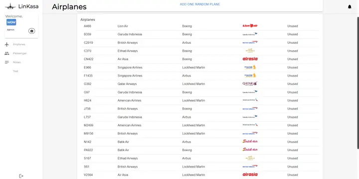 The LinKasa admin screen: a sidebar listing Airplanes, Passenger and Notes beside a table of aircraft, each row carrying a registration code, an airline, a manufacturer and an Unused status.
