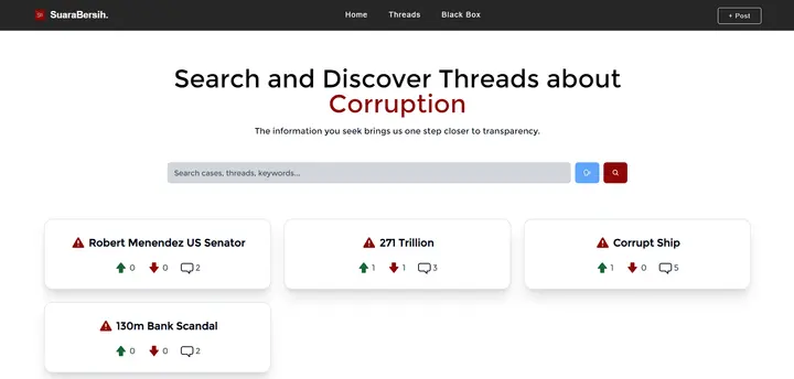 The SuaraBersih home page: the heading Search and Discover Threads about Corruption over a search box, with four thread cards below showing upvote, downvote and comment counts.