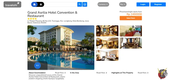 The TraveloHI hotel page for Grand Asrilia Hotel Convention & Restaurant: a 9.2 score over a photo of the pool and building, a grid of room photos beside it, and a Select Room button under the nightly price.